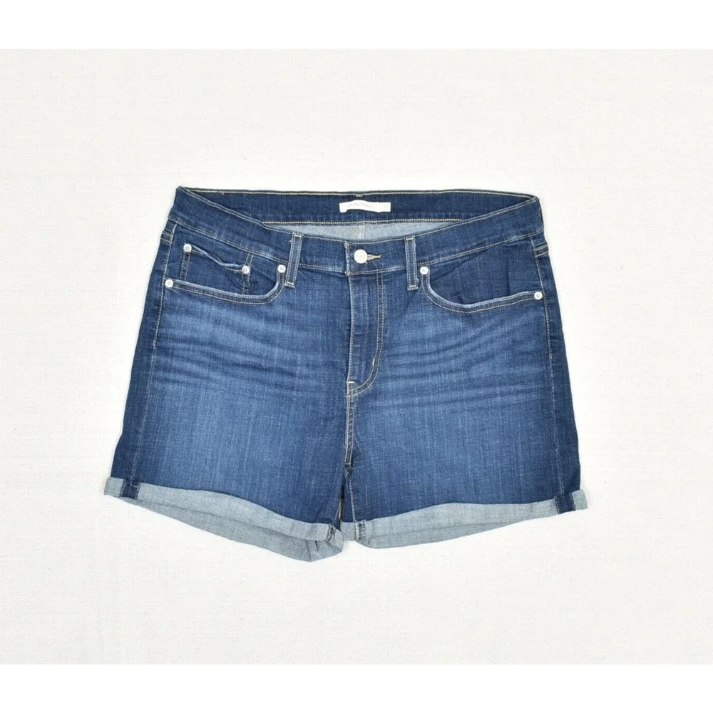 Levi's Women Denim Shorts Cuffed Cotton Blue Size 33 Mid Length Zip Solid